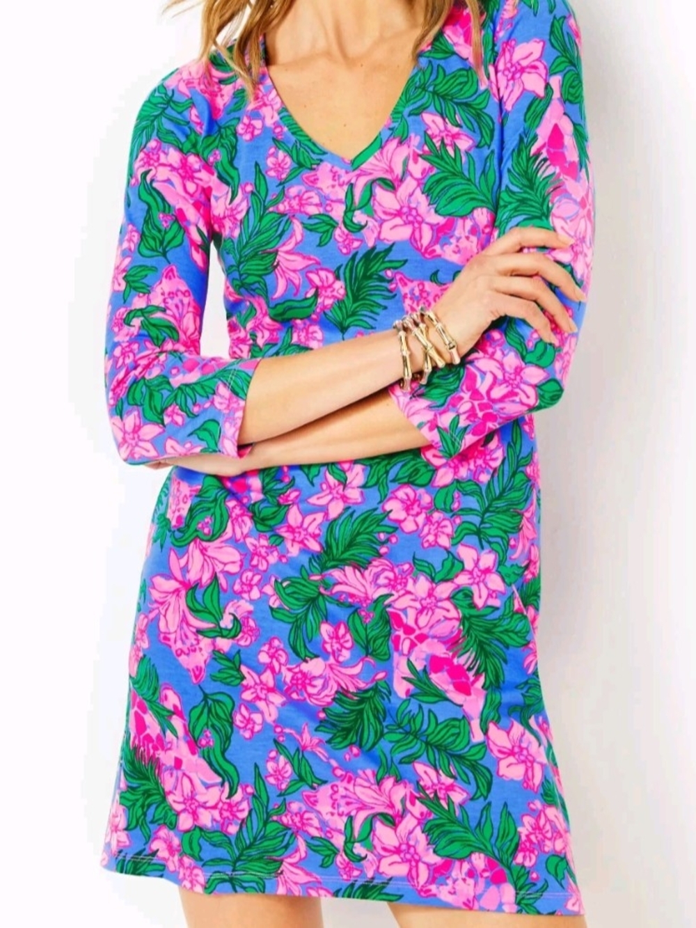 Lilly Pulitzer Blue, Pink & Green Floral V-Neck Dress